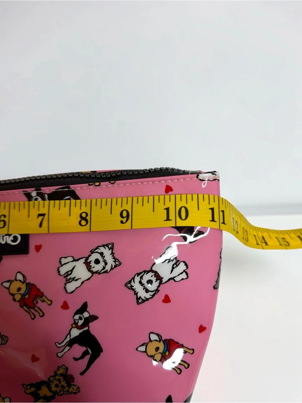 NWT Marc Tetro Pink Patent Multi Dog Print Cosmetic Bag Pouch Heart Zipper Pull